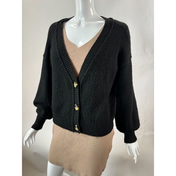 Topshop Black Button-Front Cardigan Acrylic Blend Nubby Sweater Size US 6 UK 10 - Picture 1 of 16